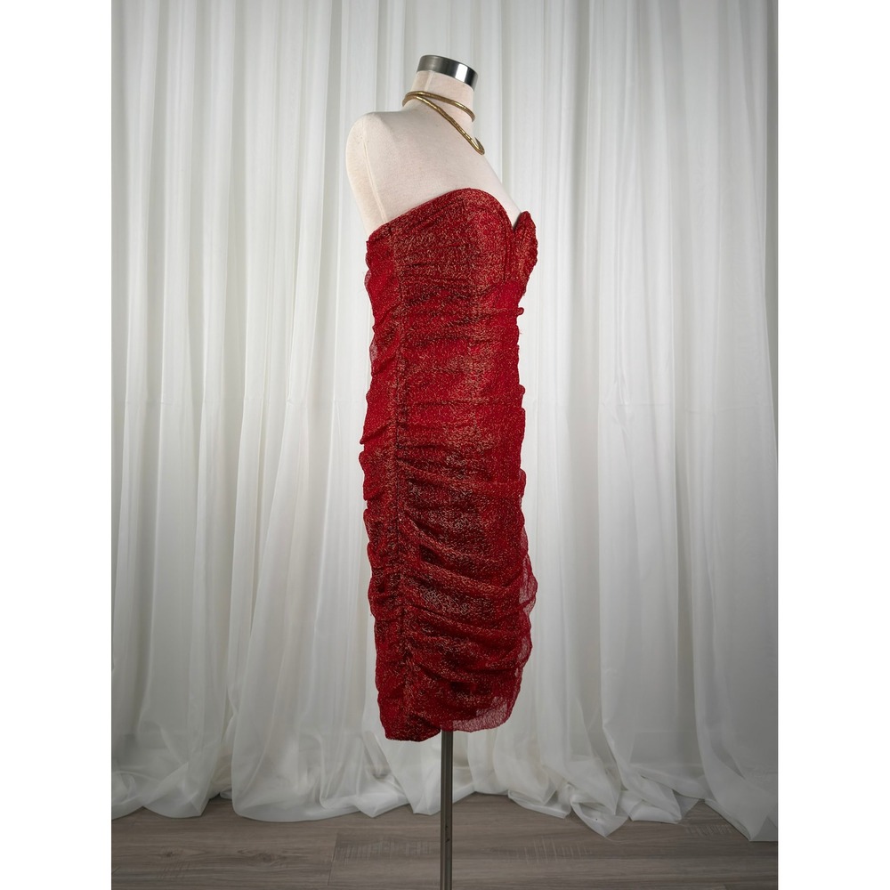 David Meister Metallic Ruched Strapless Cocktail Dress Women Red 8 - Picture 3 of 6